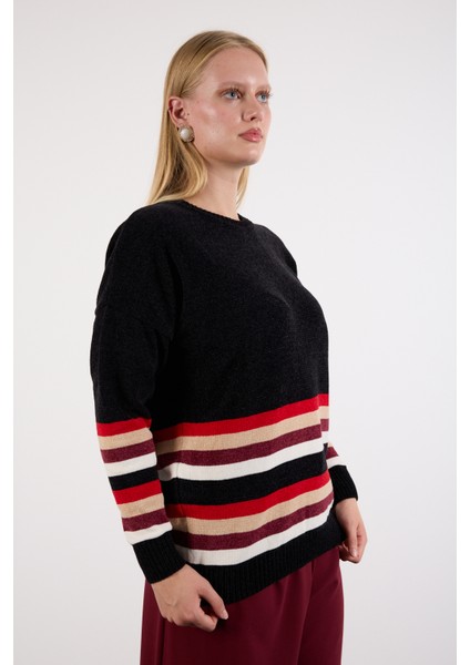 Kadın Siyah Çizgili Bisiklet Yaka Şönil Kadife Triko Kazak fiyatları