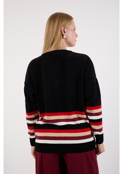 Kadın Siyah Çizgili Bisiklet Yaka Şönil Kadife Triko Kazak modelleri