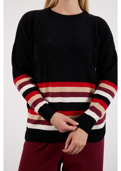 Kadın Siyah Çizgili Bisiklet Yaka Şönil Kadife Triko Kazak fırsatları