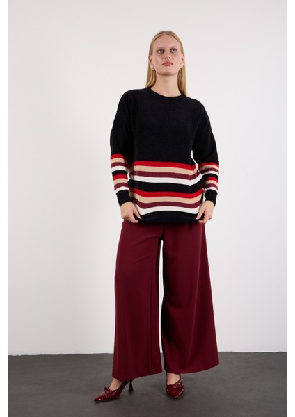 Kadın Siyah Çizgili Bisiklet Yaka Şönil Kadife Triko Kazak indirimleri