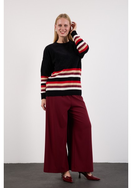 Kadın Siyah Çizgili Bisiklet Yaka Şönil Kadife Triko Kazak