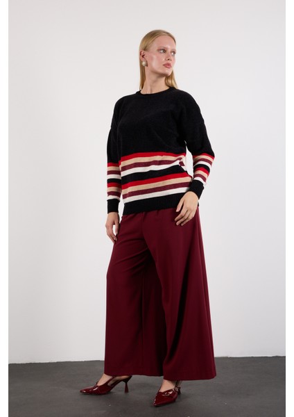 Kadın Siyah Çizgili Bisiklet Yaka Şönil Kadife Triko Kazak