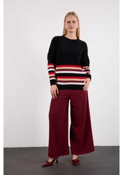 Kadın Siyah Çizgili Bisiklet Yaka Şönil Kadife Triko Kazak