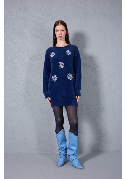 Kadın Laci Sakal Iplik Boncuk Nakışlı Bisiklet Yaka Triko Kazak modelleri