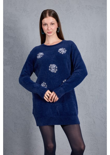 Kadın Laci Sakal Iplik Boncuk Nakışlı Bisiklet Yaka Triko Kazak indirimleri