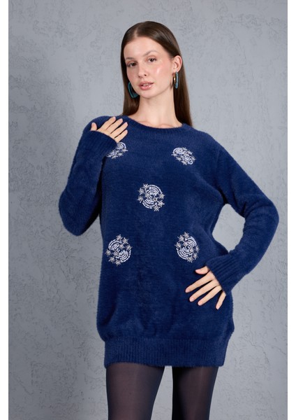 Kadın Laci Sakal Iplik Boncuk Nakışlı Bisiklet Yaka Triko Kazak