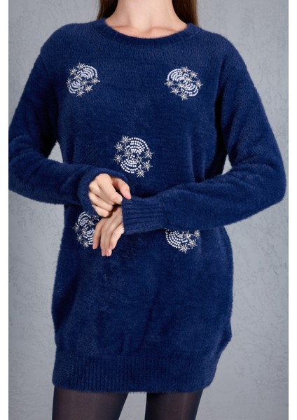 Kadın Laci Sakal Iplik Boncuk Nakışlı Bisiklet Yaka Triko Kazak