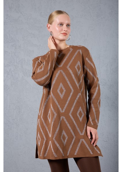 Kadın Taba Yan Yırtmaçlı Bisiklet Yaka Sim Desenli Triko Bluz