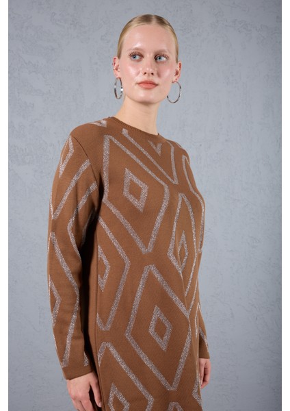 Kadın Taba Yan Yırtmaçlı Bisiklet Yaka Sim Desenli Triko Bluz modelleri