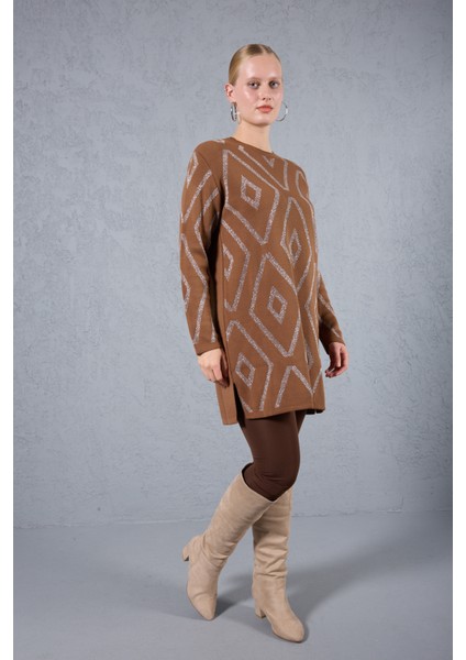 Kadın Taba Yan Yırtmaçlı Bisiklet Yaka Sim Desenli Triko Bluz indirimleri