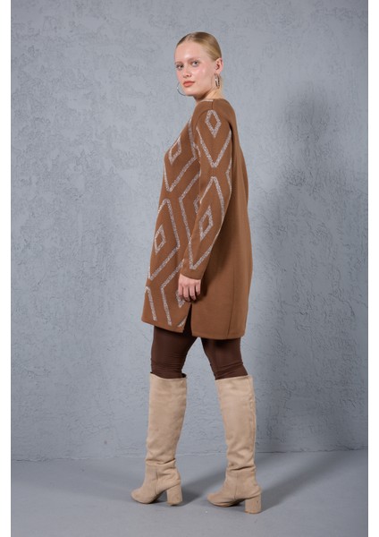 Kadın Taba Yan Yırtmaçlı Bisiklet Yaka Sim Desenli Triko Bluz