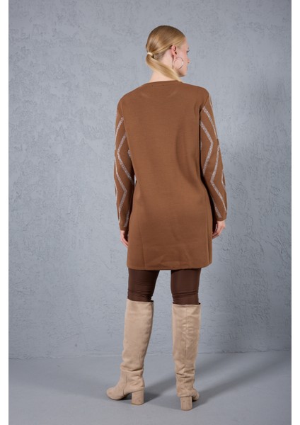 Kadın Taba Yan Yırtmaçlı Bisiklet Yaka Sim Desenli Triko Bluz