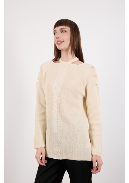 Kadın Ekru Omuzları Kesik Detaylı Reglan Kollu Simli Triko Kazak fiyatları