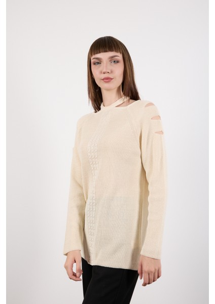 Kadın Ekru Omuzları Kesik Detaylı Reglan Kollu Simli Triko Kazak modelleri