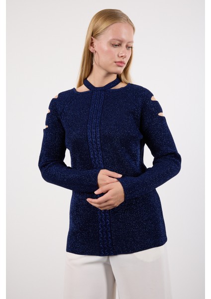 Kadın Koyu Laci Omuzları Kesik Detaylı Reglan Kollu Simli Triko Kazak