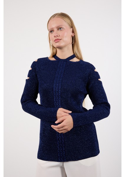 Kadın Koyu Laci Omuzları Kesik Detaylı Reglan Kollu Simli Triko Kazak fiyatları