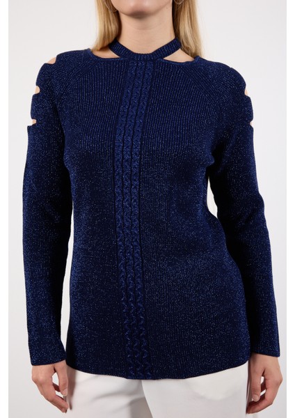 Kadın Koyu Laci Omuzları Kesik Detaylı Reglan Kollu Simli Triko Kazak indirimleri