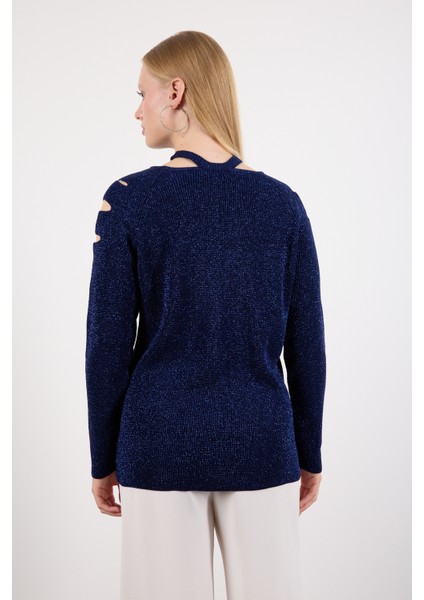 Kadın Koyu Laci Omuzları Kesik Detaylı Reglan Kollu Simli Triko Kazak