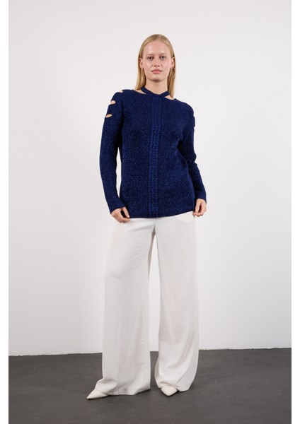 Kadın Koyu Laci Omuzları Kesik Detaylı Reglan Kollu Simli Triko Kazak