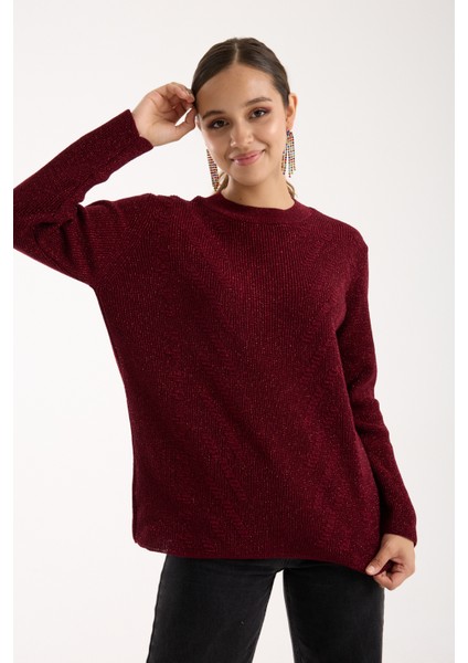 Kadın Bordo Selanik Örgü Bisiklet Yaka Simli Triko Kazak