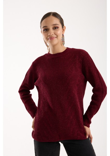 Kadın Bordo Selanik Örgü Bisiklet Yaka Simli Triko Kazak fiyatları