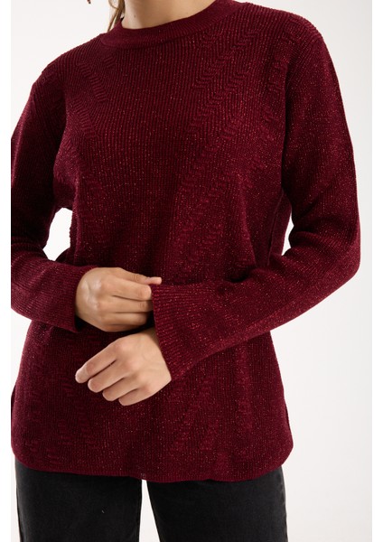 Kadın Bordo Selanik Örgü Bisiklet Yaka Simli Triko Kazak modelleri