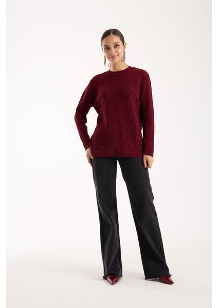 Kadın Bordo Selanik Örgü Bisiklet Yaka Simli Triko Kazak indirimleri