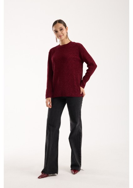 Kadın Bordo Selanik Örgü Bisiklet Yaka Simli Triko Kazak