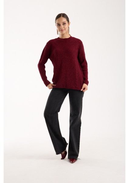 Kadın Bordo Selanik Örgü Bisiklet Yaka Simli Triko Kazak