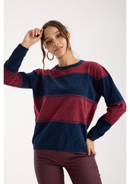 Kadın Laci-Bordo Iki Renkli Çapraz Kontrast Dikiş Detaylı Şönil Kadife Triko Bluz