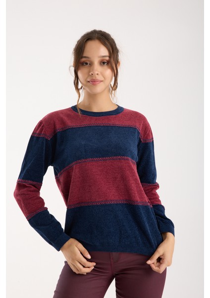 Kadın Laci-Bordo Iki Renkli Çapraz Kontrast Dikiş Detaylı Şönil Kadife Triko Bluz fiyatları