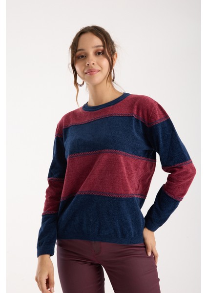 Kadın Laci-Bordo Iki Renkli Çapraz Kontrast Dikiş Detaylı Şönil Kadife Triko Bluz modelleri