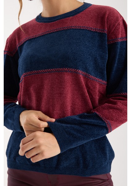 Kadın Laci-Bordo Iki Renkli Çapraz Kontrast Dikiş Detaylı Şönil Kadife Triko Bluz fırsatları