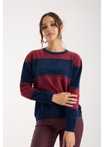 Kadın Laci-Bordo Iki Renkli Çapraz Kontrast Dikiş Detaylı Şönil Kadife Triko Bluz indirimleri