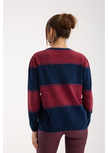 Kadın Laci-Bordo Iki Renkli Çapraz Kontrast Dikiş Detaylı Şönil Kadife Triko Bluz