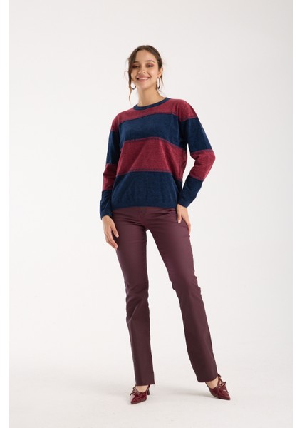 Kadın Laci-Bordo Iki Renkli Çapraz Kontrast Dikiş Detaylı Şönil Kadife Triko Bluz
