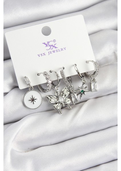 Pirinç Zirkon Taşlı Kelebek ve Yıldız Model Gümüş Renk 3'lü Çift Kadın Küpe - Lisinya