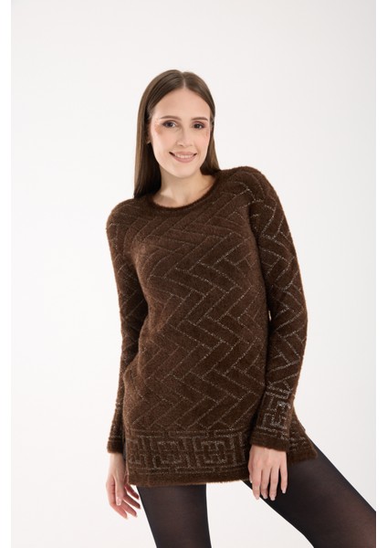 Kadın Acı Kahve Simli Sakal Iplik Yan Yırtmaçlı Bisiklet Yaka Triko Kazak