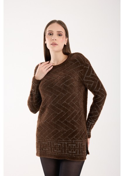 Kadın Acı Kahve Simli Sakal Iplik Yan Yırtmaçlı Bisiklet Yaka Triko Kazak fiyatları