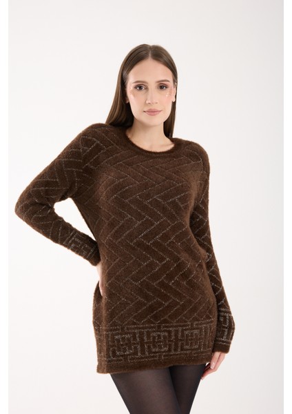 Kadın Acı Kahve Simli Sakal Iplik Yan Yırtmaçlı Bisiklet Yaka Triko Kazak modelleri