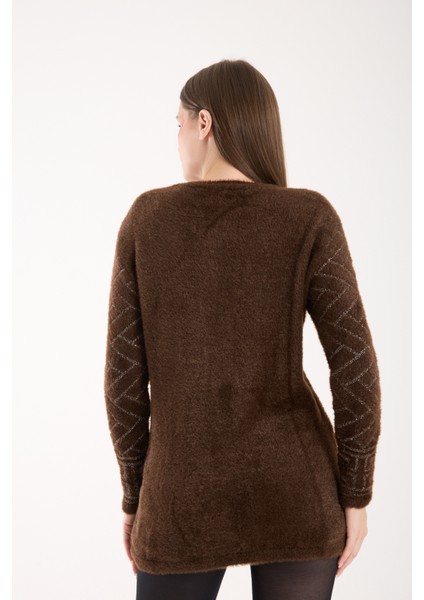 Kadın Acı Kahve Simli Sakal Iplik Yan Yırtmaçlı Bisiklet Yaka Triko Kazak indirimleri