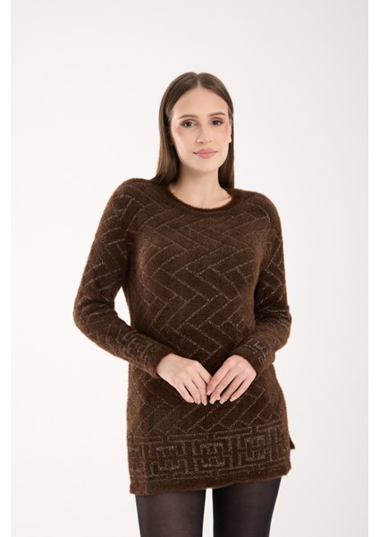 Kadın Acı Kahve Simli Sakal Iplik Yan Yırtmaçlı Bisiklet Yaka Triko Kazak