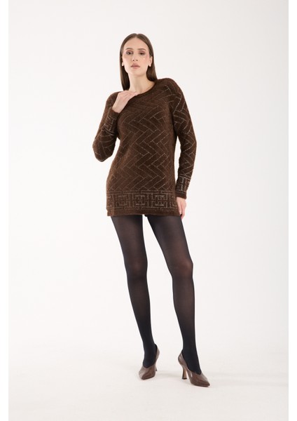 Kadın Acı Kahve Simli Sakal Iplik Yan Yırtmaçlı Bisiklet Yaka Triko Kazak
