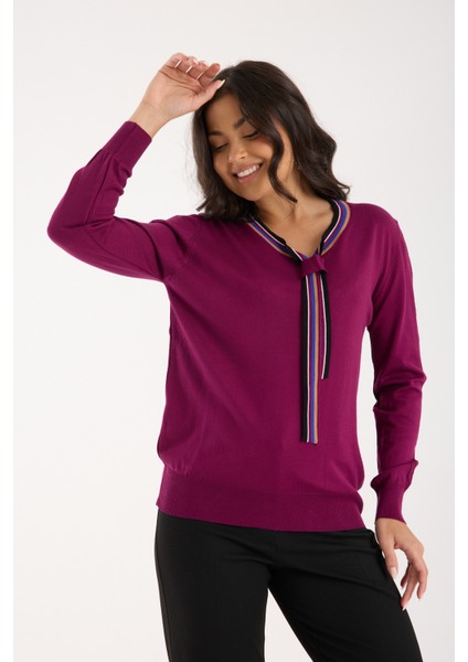 Kadın Mürdüm Elit Viskon Kumaş Kontrast Şeritli Bisiklet Yaka Triko Bluz