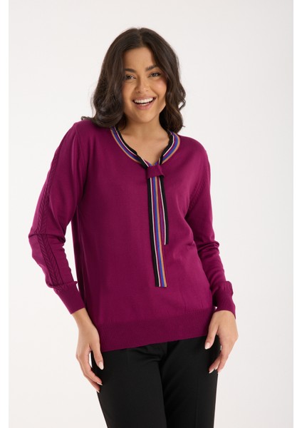 Kadın Mürdüm Elit Viskon Kumaş Kontrast Şeritli Bisiklet Yaka Triko Bluz fiyatları