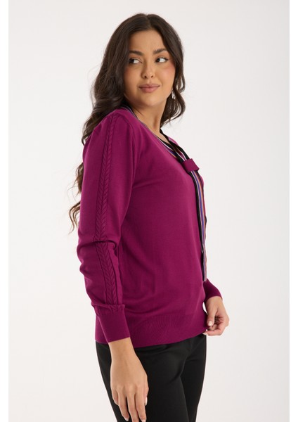 Kadın Mürdüm Elit Viskon Kumaş Kontrast Şeritli Bisiklet Yaka Triko Bluz modelleri