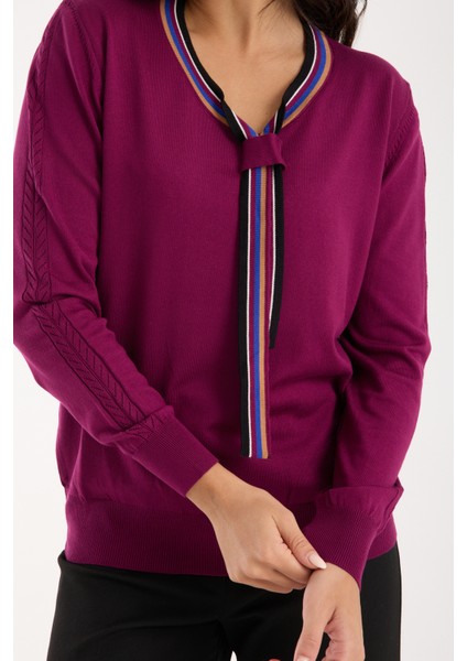 Kadın Mürdüm Elit Viskon Kumaş Kontrast Şeritli Bisiklet Yaka Triko Bluz fırsatları