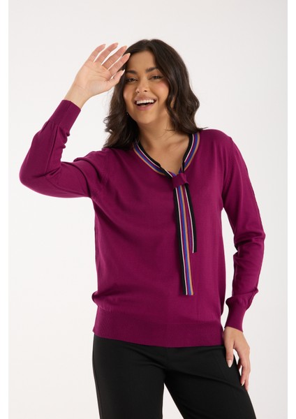 Kadın Mürdüm Elit Viskon Kumaş Kontrast Şeritli Bisiklet Yaka Triko Bluz indirimleri