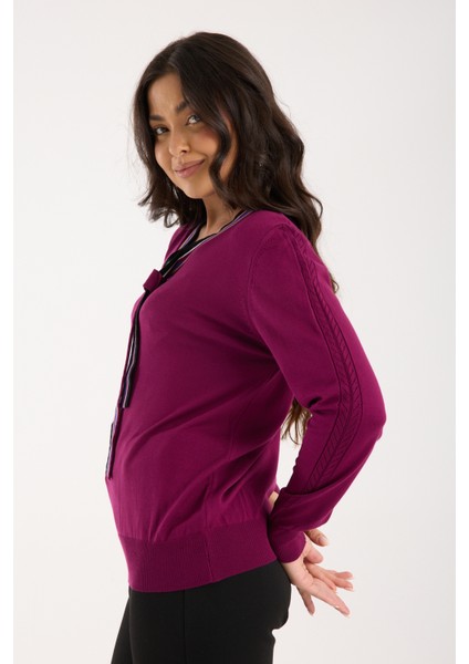 Kadın Mürdüm Elit Viskon Kumaş Kontrast Şeritli Bisiklet Yaka Triko Bluz