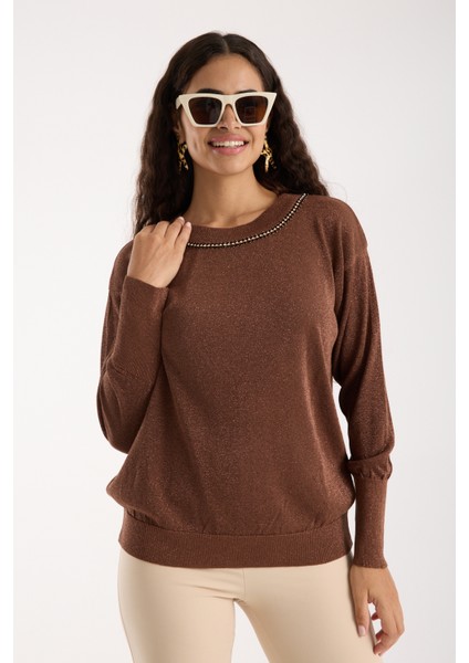 Kadın Kahve Viskon Vortex Iplik Taş Detaylı Bisiklet Yaka Simli Triko Bluz